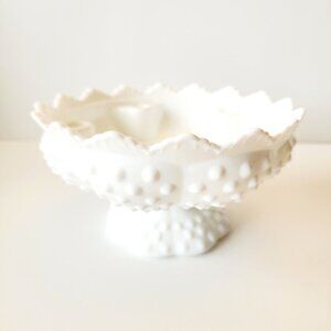 Vintage Fenton White Milk Glass Hobnail 6 Candle Holder Ruffled Centerpiece Bowl